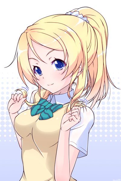 Anime picture 600x900 with love live! school idol project sunrise (studio) love live! ayase eli k10k single long hair tall image looking at viewer blush fringe breasts blue eyes simple background blonde hair hair between eyes standing white background payot upper body