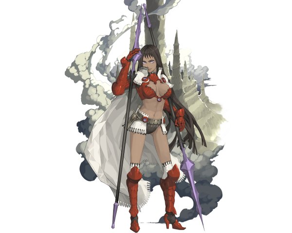 Anime picture 2560x2048 with half-minute hero single long hair highres black hair simple background white background purple eyes dark skin smoke girl navel weapon armor thigh boots cloak spear castle
