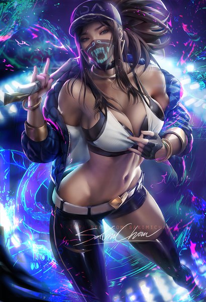 Anime picture 684x1000 with league of legends k/da (league of legends) akali (league of legends) k/da akali sakimichan single long hair tall image looking at viewer blush fringe breasts blue eyes light erotic brown hair large breasts standing bare shoulders holding payot