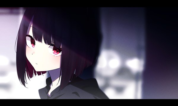 Anime picture 4093x2438 with original ichiki 1 single looking at viewer blush fringe highres short hair black hair red eyes wide image absurdres blunt bangs multicolored hair two-tone hair depth of field light letterboxed colored inner hair girl