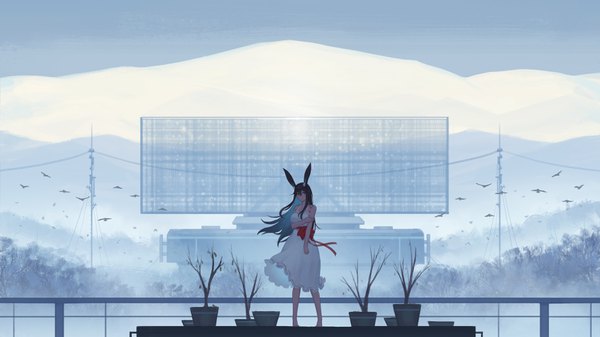 Anime picture 3506x1972 with original yao ren gui single long hair blush fringe highres black hair hair between eyes wide image standing bare shoulders animal ears looking away full body barefoot wind black eyes bare legs bunny ears