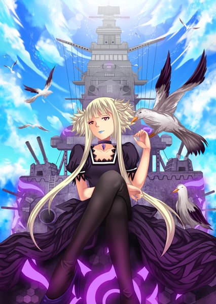 Anime picture 3000x4226 with aoki hagane no arpeggio kongou (aoki hagane no arpeggio) roland-gin (gin-1994) long hair tall image highres red eyes sky cloud (clouds) white hair crossed legs girl dress weapon animal pantyhose bird (birds) watercraft ship seagull