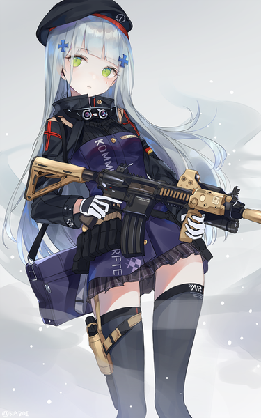 Anime picture 1000x1600 with girls frontline hk416 (girls frontline) nabi (uz02) single long hair tall image blush fringe breasts simple background standing holding green eyes looking away silver hair blunt bangs grey background zettai ryouiki facial mark plaid skirt