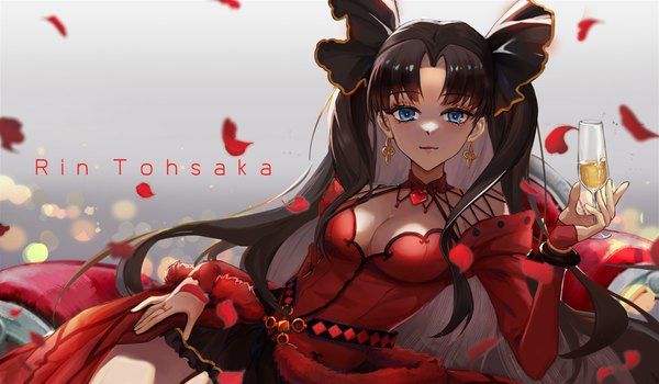 Anime picture 1716x1001 with fate (series) fate/stay night toosaka rin aquarzaaa single long hair looking at viewer highres breasts blue eyes light erotic black hair wide image cleavage two side up character names girl dress earrings petals