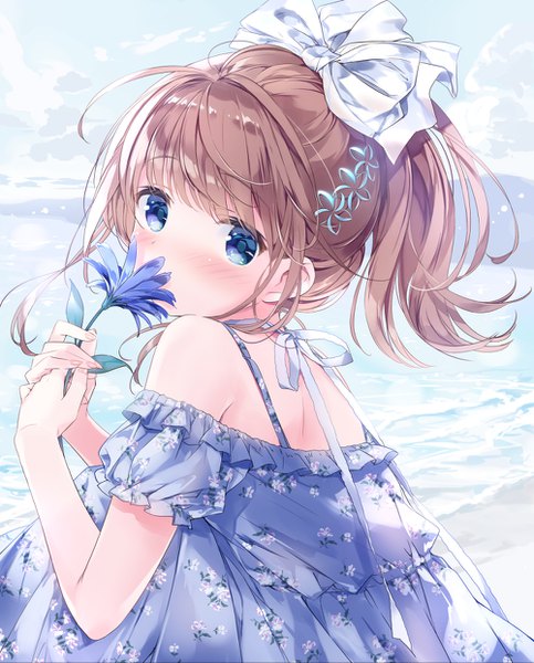 Anime picture 1000x1243 with original kimishima ao single tall image looking at viewer blush fringe short hair blue eyes brown hair sitting bare shoulders holding payot sky cloud (clouds) ahoge outdoors ponytail fingernails