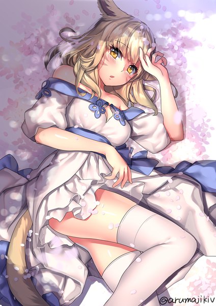 Anime picture 566x800 with final fantasy final fantasy xiv square enix miqo'te aruma jiki single long hair tall image looking at viewer blush fringe light erotic blonde hair bare shoulders signed animal ears yellow eyes tail lying animal tail