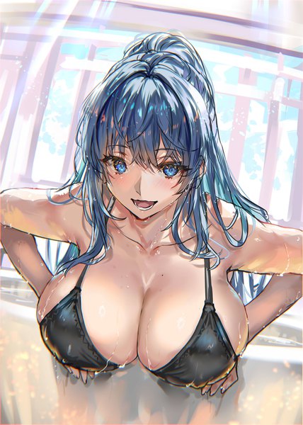 Anime picture 1141x1600 with original ranou single long hair tall image looking at viewer blush fringe breasts open mouth blue eyes light erotic hair between eyes large breasts blue hair ponytail :d mole wet mole on breast