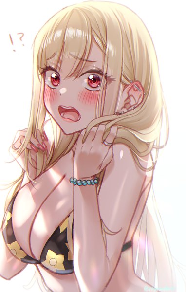 Anime picture 1536x2411 with sono bisque doll wa koi wo suru cloverworks kitagawa marin yayoi maka single long hair tall image looking at viewer blush fringe breasts open mouth light erotic simple background blonde hair red eyes white background upper body nail polish fingernails