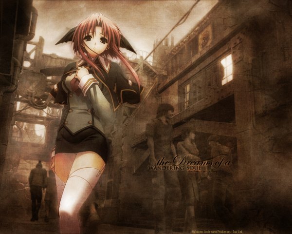 Anime picture 1280x1024 with soul link morisaki nao suzuhira hiro hofodomo01 long hair looking at viewer standing signed outdoors red hair copyright name solo focus third-party edit double buttons street polychromatic girl thighhighs white thighhighs necktie