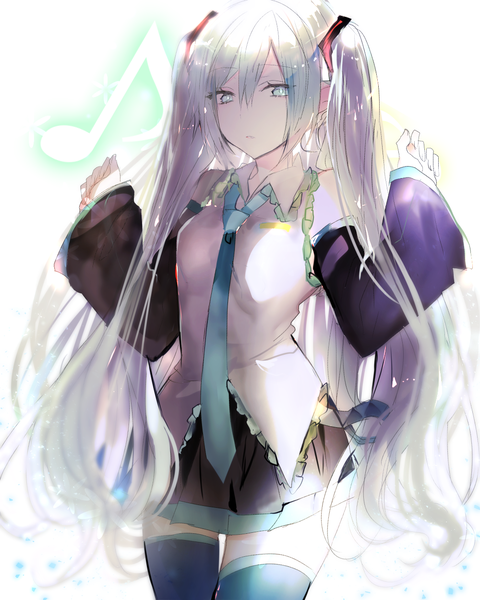 Anime-Bild 1000x1250 mit vocaloid hatsune miku poni (rito) single long hair tall image looking at viewer fringe hair between eyes twintails silver hair aqua eyes zettai ryouiki spread arms girl thighhighs black thighhighs detached sleeves necktie musical note