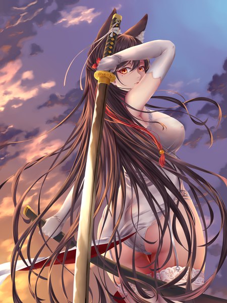 Anime picture 3544x4724 with azur lane atago (azur lane) yuzuriha (pixiv 14248010) single long hair tall image looking at viewer fringe highres breasts light erotic hair between eyes brown hair large breasts standing holding brown eyes absurdres sky cloud (clouds)