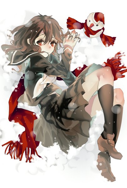 Anime picture 1181x1748 with kagerou project shaft (studio) tateyama ayano syeoseul single long hair tall image looking at viewer blush fringe red eyes full body lying pleated skirt from above on side winter snow embryo's pose girl