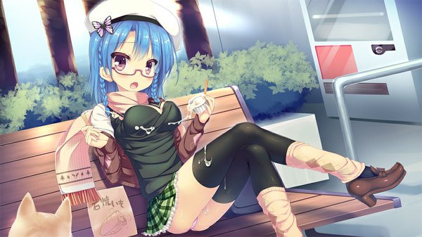 Anime picture 1024x576 with original ochinsama single blush short hair open mouth light erotic wide image sitting purple eyes blue hair braid (braids) pantyshot twin braids pantyshot sitting girl thighhighs underwear panties black thighhighs