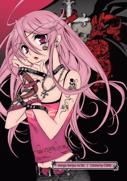 Anime picture 1504x2146 with barajou no kiss yamamoto anise shouoto aya single long hair tall image purple eyes bare shoulders signed pink hair pink eyes scan inscription crossed arms lightning girl earrings belt rose (roses) pendant