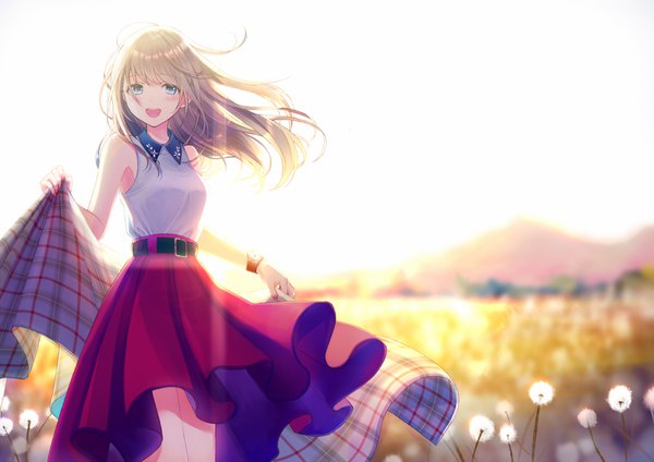 Anime picture 1500x1062 with original kashiwabara en single long hair looking at viewer blush fringe breasts open mouth blue eyes blonde hair smile standing bare shoulders holding outdoors nail polish :d fingernails wind