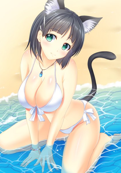 Anime picture 1039x1476 with sword art online a-1 pictures kirigaya suguha pasdar single tall image looking at viewer blush short hair breasts light erotic black hair green eyes animal ears cat ears cat girl cat tail beach girl hair ornament