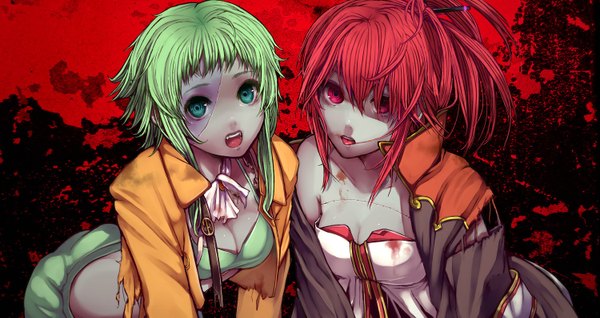 Anime picture 1500x797 with vocaloid gumi cul tanaka2suzuki long hair fringe short hair breasts open mouth light erotic red eyes wide image sitting multiple girls green eyes cleavage ponytail red hair green hair midriff