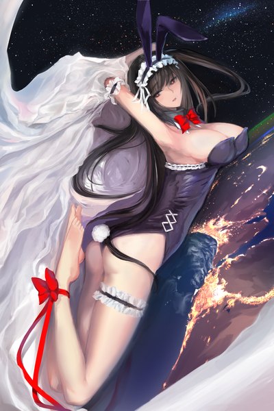 Anime picture 800x1200 with original syozui single long hair tall image looking at viewer fringe breasts open mouth light erotic black hair large breasts bare shoulders brown eyes ass barefoot arms up bare legs armpit (armpits) legs