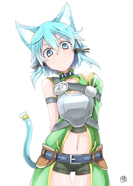 Anime picture 777x1087 with sword art online a-1 pictures asada shino ariyoshi gen single tall image looking at viewer fringe short hair blue eyes simple background standing white background twintails bare shoulders animal ears blue hair tail animal tail cat ears