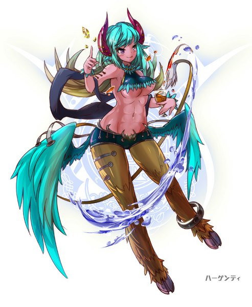 Anime picture 658x800 with rocknroll (artist) single long hair tall image blush fringe breasts light erotic smile purple eyes looking away tail multicolored hair horn (horns) aqua eyes bare belly midriff sleeveless gradient hair monster girl