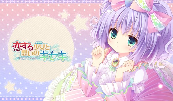 Anime picture 1024x600 with koisuru doll to omoi no kiseki ena (koisuru doll to omoi no kiseki) single looking at viewer short hair blue eyes wide image blue hair game cg loli girl dress bow hair bow star (symbol)