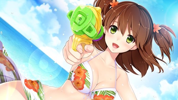 Anime picture 1280x720 with gin'iro haruka nashiro momiji single looking at viewer blush short hair breasts open mouth light erotic brown hair wide image green eyes game cg two side up girl swimsuit bikini water gun