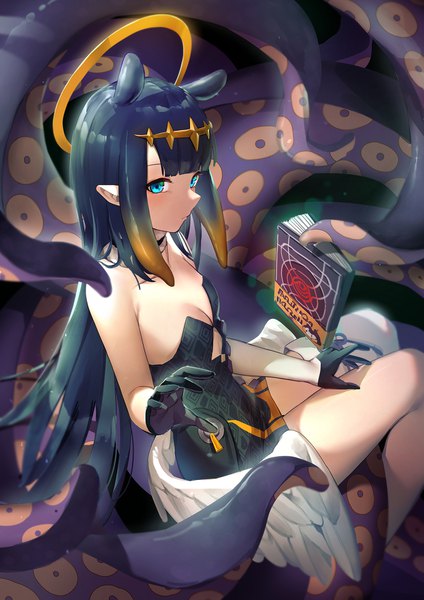Anime picture 1400x1980 with virtual youtuber hololive hololive english ninomae ina'nis ninomae ina'nis (1st costume) ao-chan (ninomae ina'nis) mr.lime single long hair tall image looking at viewer blush fringe breasts blue eyes light erotic sitting bare shoulders animal ears payot