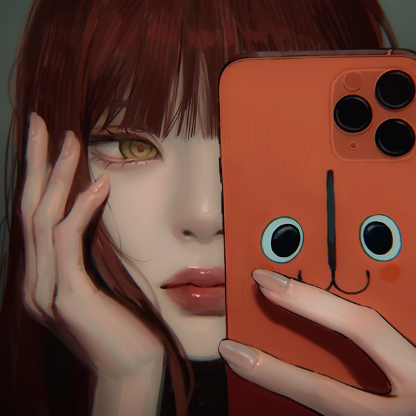 Anime picture 1000x1000 with chainsaw man mappa makima (chainsaw man) pochita (chainsaw man) solraka single long hair fringe yellow eyes red hair blunt bangs fingernails realistic close-up face head rest girl mobile phone smartphone