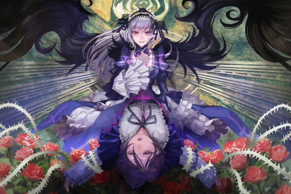 Anime picture 2700x1800 with rozen maiden suigintou souseiseki moruga long hair looking at viewer highres short hair open mouth red eyes multiple girls green eyes silver hair lying pink eyes heterochromia black wings lolita fashion goth-loli headgear