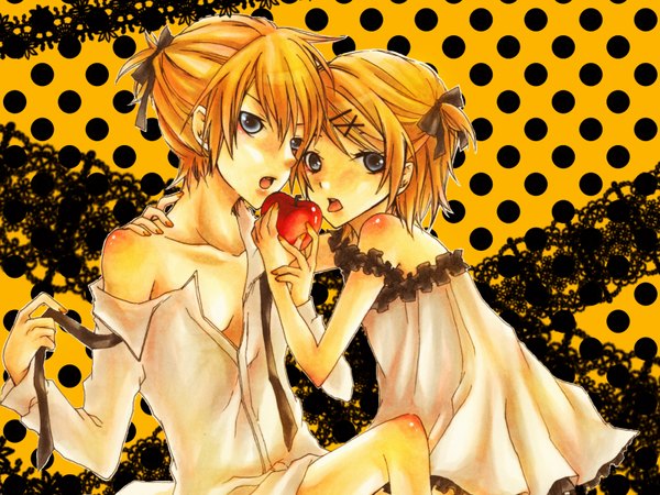 Anime picture 1600x1200 with vocaloid romeo to cinderella (vocaloid) kagamine rin kagamine len short hair open mouth blue eyes blonde hair bare shoulders wallpaper polka dot twins polka dot background incest twincest girl boy hair ornament hairclip tongue