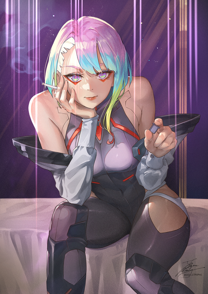 Anime picture 1061x1500 with cyberpunk edgerunners studio trigger lucy (cyberpunk) fadingz single tall image looking at viewer fringe short hair breasts light erotic sitting purple eyes holding blue hair pink hair bent knee (knees) blunt bangs long sleeves multicolored hair
