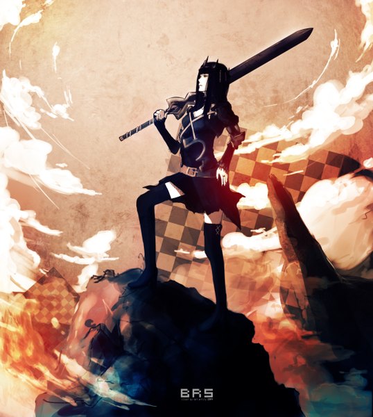 Anime picture 2168x2415 with black rock shooter dragon slayer huke single long hair tall image fringe highres standing holding looking away cloud (clouds) nail polish inscription hand on hip checkered girl skirt weapon sword