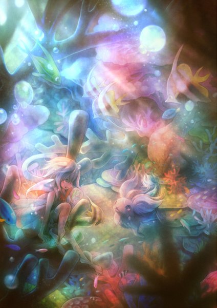 Аниме картинка 1059x1500 с sui (petit comet) высокое изображение свет под водой фэнтези растение (растения) пузырь (пузыри) рыба (рыбы) коралл водоросли