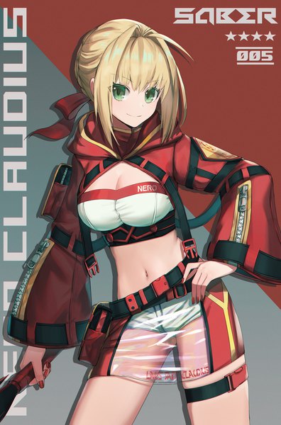 Anime picture 1393x2113 with fate (series) fate/grand order nero claudius (fate) nero claudius (fate/extra) dolce (dolsuke) single tall image looking at viewer fringe short hair blonde hair smile standing holding green eyes payot ahoge nail polish wide sleeves midriff