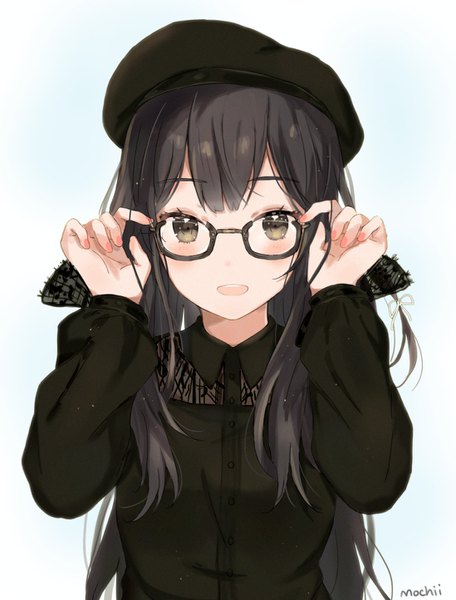Anime picture 1097x1441 with original mochii single long hair tall image looking at viewer blush fringe open mouth black hair simple background signed upper body long sleeves nail polish :d black eyes pink nail polish adjusting glasses girl