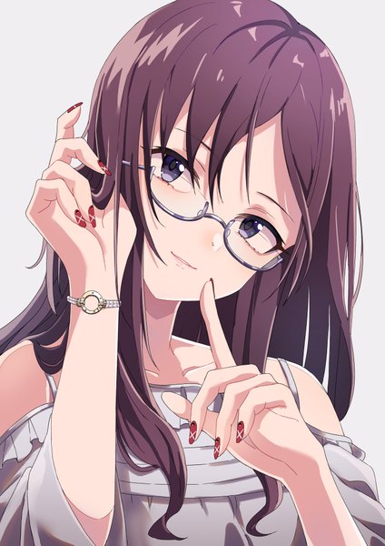 Anime picture 2894x4093 with idolmaster idolmaster cinderella girls idolmaster cinderella girls starlight stage yagami makino mek number single long hair tall image looking at viewer fringe highres simple background hair between eyes purple eyes bare shoulders purple hair upper body nail polish parted lips head tilt