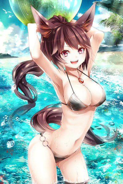 Anime picture 1000x1498 with touhou imaizumi kagerou mikoma sanagi single tall image looking at viewer open mouth light erotic smile red eyes animal ears animal tail arms up armpit (armpits) wet alternate costume beach alternate hairstyle wolf ears wolf tail