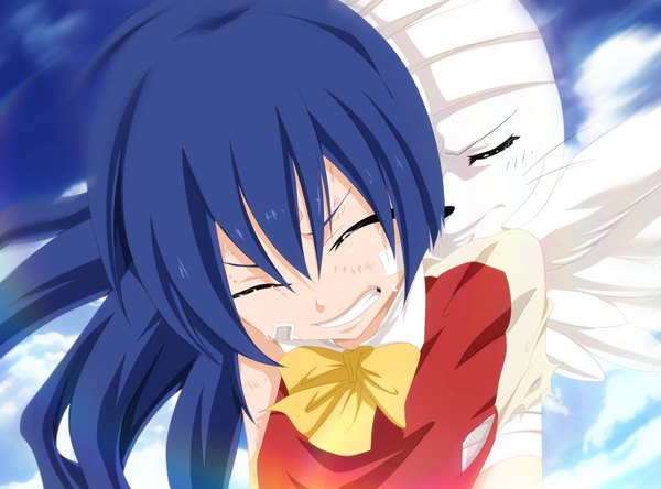 Anime picture 4200x3111 with fairy tail wendy marvell charle (fairy tail) tremblax long hair highres blue hair absurdres sky cloud (clouds) eyes closed loli tears coloring torn clothes crying clenched teeth bandaid on face girl uniform