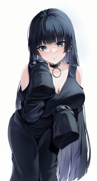 Anime picture 3093x5777 with bocchi the rock! cloverworks pa-san lancheu single long hair tall image looking at viewer fringe highres breasts light erotic black hair simple background large breasts standing white background green eyes absurdres cleavage
