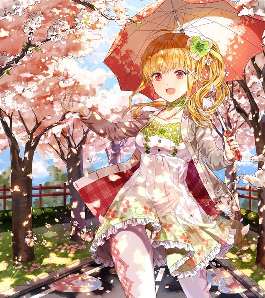 Anime picture 1000x1122 with original kim eb single long hair tall image open mouth blonde hair red eyes looking away sky ahoge cherry blossoms outstretched arm side ponytail casual girl dress hair ornament plant (plants) petals