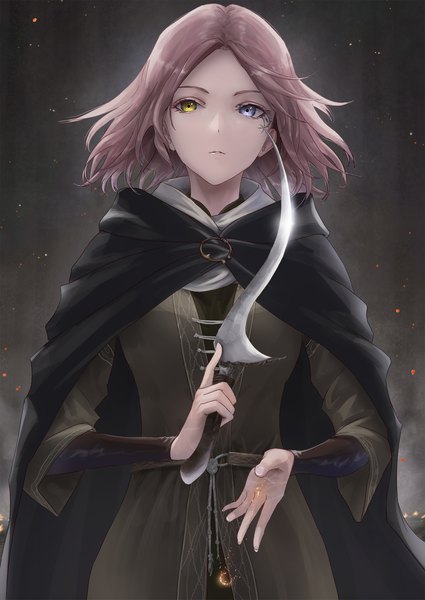 Anime picture 1920x2711 with elden ring melina (elden ring) rockyoerr single tall image highres short hair brown hair standing holding looking away upper body long sleeves heterochromia scar girl dress weapon cloak dagger