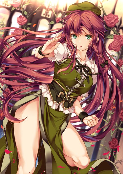 Anime picture 849x1200 with touhou hong meiling moneti (daifuku) single tall image looking at viewer light erotic green eyes red hair braid (braids) very long hair side slit fighting stance girl dress skirt flower (flowers) petals rose (roses) beret