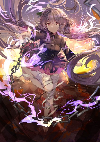 Anime picture 1200x1697 with touhou tsukumo benben kita (kitairoha) single tall image looking at viewer fringe hair between eyes twintails purple hair full body very long hair barefoot orange eyes alternate costume low twintails outstretched hand expressionless girl chain