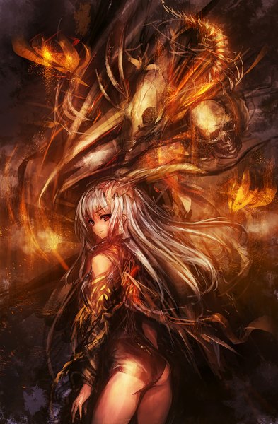 Anime picture 800x1222 with original lm7 (op-center) single long hair tall image looking at viewer blush light erotic smile red eyes bare shoulders silver hair ass looking back horn (horns) from behind turning head smirk girl hair ornament
