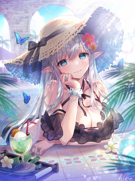Anime picture 1000x1337 with original hi-na1 single long hair tall image looking at viewer blush fringe breasts light erotic smile hair between eyes large breasts signed sky cleavage silver hair outdoors head tilt hair flower