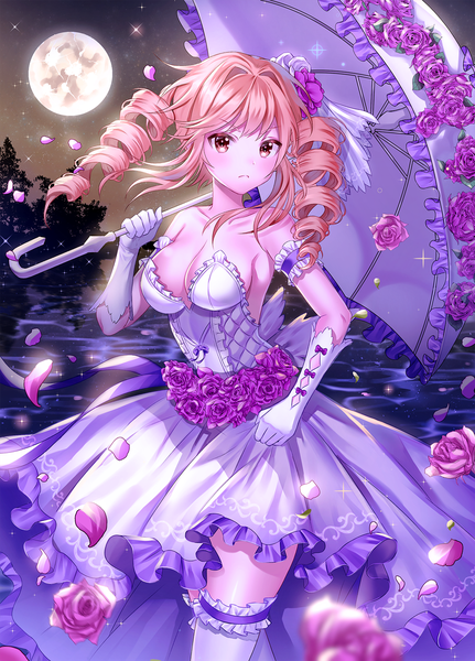 Anime picture 1200x1670 with king's raid aisha (king's raid) chang (user rpea4874) single long hair tall image looking at viewer blush fringe breasts light erotic blonde hair hair between eyes large breasts standing twintails bare shoulders holding brown eyes payot