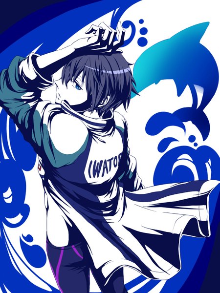 Anime picture 1181x1574 with free! kyoto animation nanase haruka (free!) single tall image looking at viewer short hair blue eyes standing blue hair profile wind from behind open clothes open jacket boy animal jacket cape wave (waves)