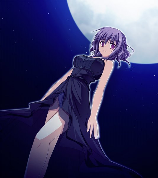 Anime picture 1280x1439 with fortissimo//akkord:bsusvier (game) ooba kagerou tall image short hair purple eyes game cg purple hair girl dress black dress moon