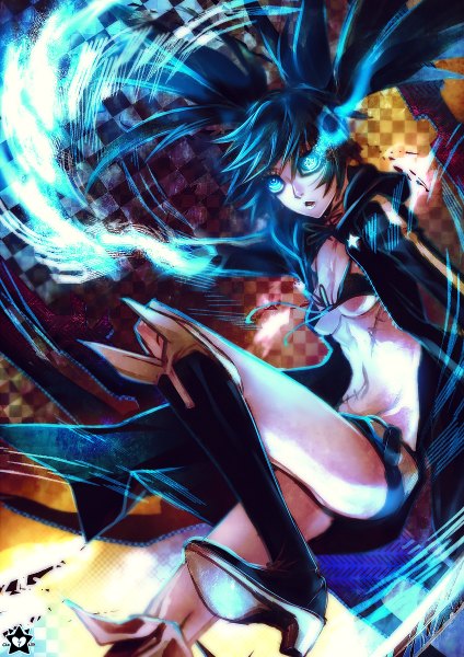 Anime picture 848x1200 with black rock shooter black rock shooter (character) e-x-p-i-e single long hair tall image open mouth blue eyes light erotic black hair twintails glowing scar glowing eye (eyes) checkered checkered background girl shorts star (symbol) cloak