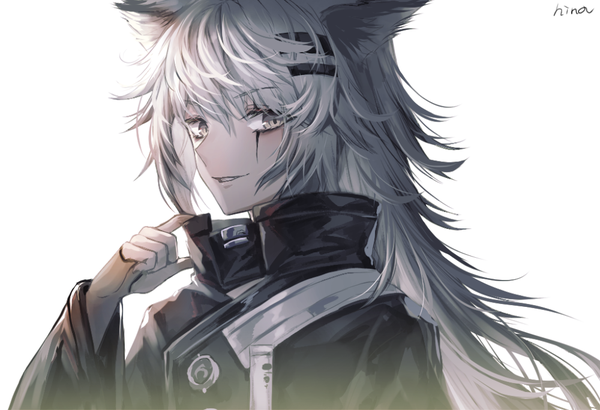 Anime-Bild 1000x684 mit arknights lappland (arknights) hi-na1 single long hair looking at viewer fringe simple background hair between eyes white background signed silver hair upper body grey eyes scar adjusting clothes girl bobby pin